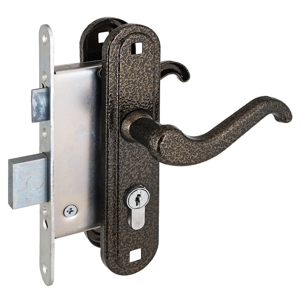 Фото Замок врезной цилиндровый с защёлкой в комплекте с ручкой ЗВ4-3.02 (бронза), 4 кл.